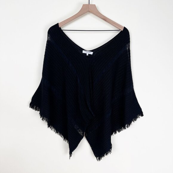 Vintage 90s Y2K French Open Knit Poncho Cape Sweater Boho Blouse Fringe Bohemian - Picture 2 of 11